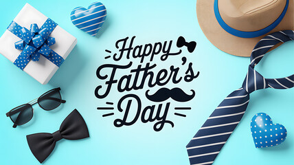 Happy Father's Day flat lay with gifts and accessories Keywords: Happy Father's Day, Father's