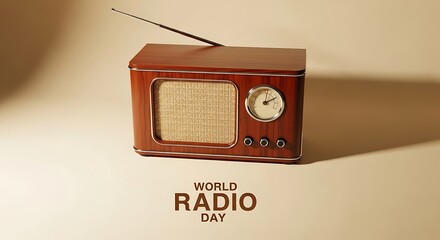 Vintage radio receiver on beige background for world radio day, a celebration of the power of radio broadcasting and its impact on society