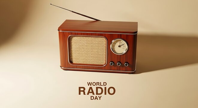 Vintage radio receiver on beige background for world radio day, a celebration of the power of radio broadcasting and its impact on society