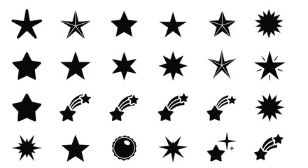 A collection of various black star shapes and sparkling comet illustrations