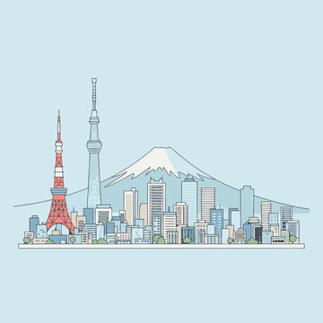 Minimalist vector illustration of Tokyo skyline with iconic landmarks like Tokyo Tower, Skytree, and Mount Fuji in the background.