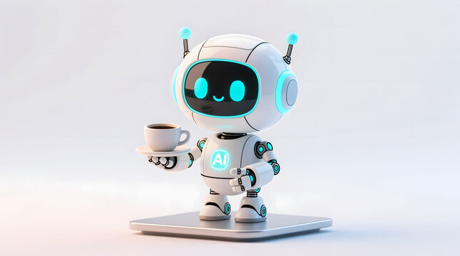 An adorable, miniature AI robot butler serving a cup of coffee on a saucer in a clean, minimalist setting.