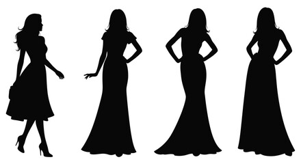 Silhouettes of four fashionable women in elegant evening dresses posing