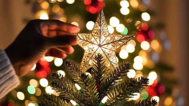 Close-up of hand placing glowing gold star on Christmas tree. Festive holiday decoration and winter celebration tradition