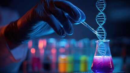 A scientist in a lab uses a pipette to transfer liquid while examining a DNA helix in a colorful, illuminated setting.
