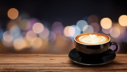 Premium coffee latte with leaf pattern foam art in black cup and saucer on wooden table against dark background