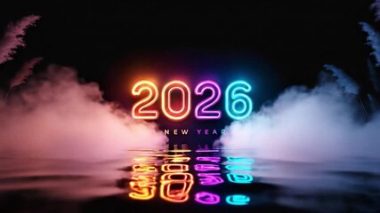 A vibrant neon sign displaying 2026 NEW YEAR hovers over a reflective watery surface flanked by clouds of smoke against a black background