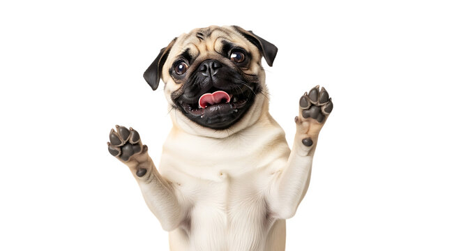 Funny pug dog looking up with paws raised isolated on transparent background