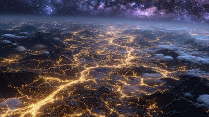 Aerial Panorama of Interconnected Golden Nodes Forming a Network at Night with Glowing Lights and Starry Sky on Dark Background