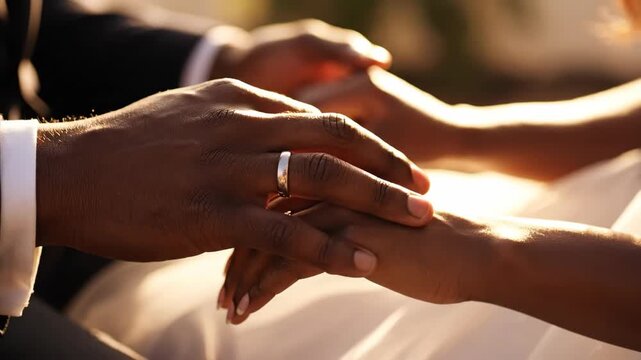 Close-up of Black couple's hands on their wedding day. Groom's hand with wedding ring gently holds bride's hand, symbolizing love and commitment