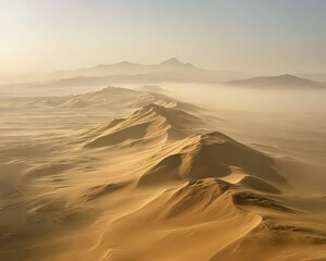 Aerial View Of Desert Landscape With Sand Dunes Under Hazy Atmosphere And Soft Lighting