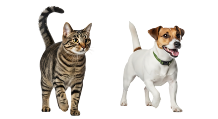 Tabby cat and jack russell terrier dog isolated on transparent background