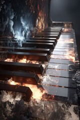 Abstract Piano Keys Illuminated by Fiery Light with Reflective Surface and Dark Background