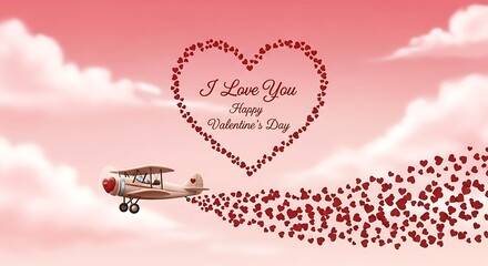 A vintage airplane drawing a heart in the sky with the message i love you for valentines day, creating a romantic and whimsical atmosphere