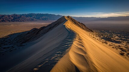 Aerial View of Snow Covered Mountain Ridge Under Blue Sky with Golden Hour Lighting