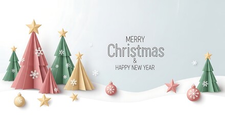 Winter christmas composition in paper cut style.Merry Christmas text Calligraphic Lettering illustration.