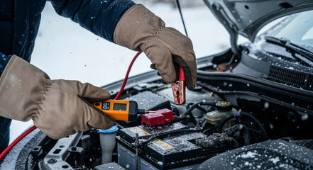 Man testing a dead car battery with a multimeter on a snowy winter day, close-up of the hands