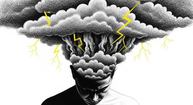 Monochromatic Drawing of a Person with a Storm Cloud of Cross Hatching and Lightning Bolts Above Their Head.