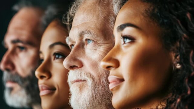 Diverse group with three women and older man looking contemplative