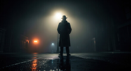 Mysterious figure in fedora and trench coat stands under foggy streetlamp on wet city night evoking noir intrigue and suspense