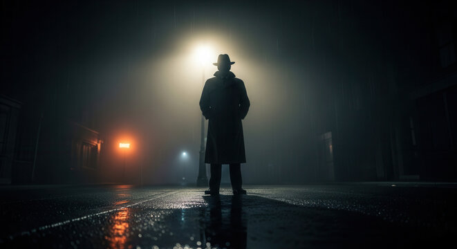 Mysterious figure in fedora and trench coat stands under foggy streetlamp on wet city night evoking noir intrigue and suspense - Powered by Adobe