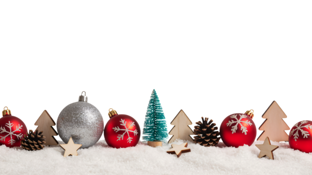 Festive Christmas ornaments twinkle in winter snow scene