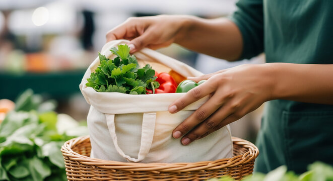 Diverse Hands Placing Unpackaged Produce into Reusable Bag - Powered by Adobe