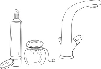 Toothpaste, dental floss, faucet, hygiene essentials, bathroom items, oral care, water tap, morning routine, clean, fresh, health, sink, tube, floss, spout, lever, grooming, sanitary
