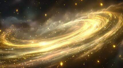 Abstract Spiral Galaxy Formation in Golden Light Against Dark Nebula Background