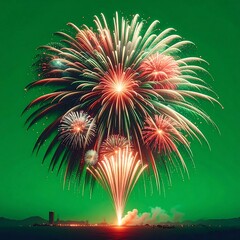 A vibrant fireworks display explodes over a serene, silhouetted cityscape and water, against a vivid emerald backdrop