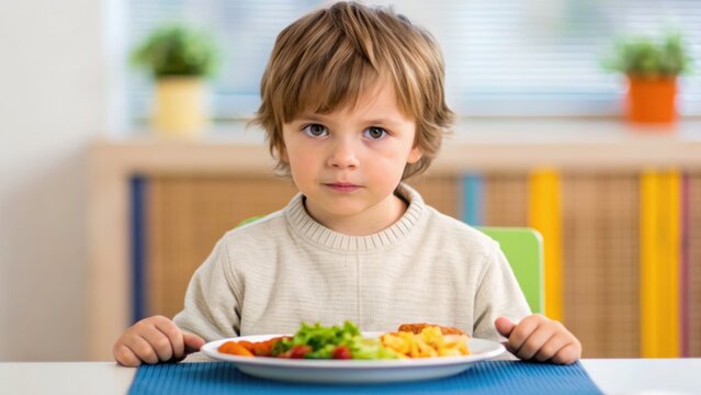 A young boy sits at a table, staring intently at a plate of colorful food, conveying a mix of curiosity and contemplation.