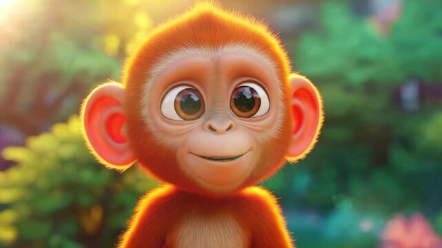 A charming, animated monkey portrait with large eyes and a smile. Bright, sunlit setting