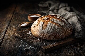 Artisan Bread Loaf on Wooden Board with Salt and Linen Cloth
