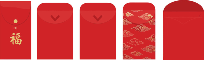 Chinese New Year icon vector—five red envelopes with 福 character, cloud patterns, flap styles, and open pocket for gifting visuals