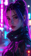 A woman with vibrant purple hair styled in a high ponytail. She's illuminated by neon city lights, wearing a dark jacket