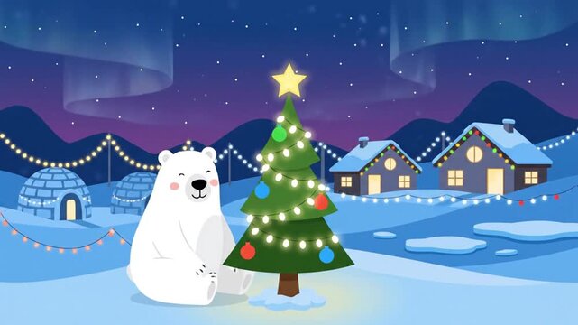 Animated Polar Bear Decorates Christmas Tree in Winter Wonderland.