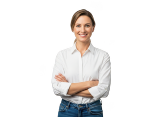 Smiling woman with arms crossed isolated on transparent background