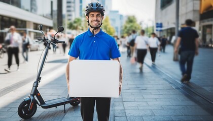 Happy delivery rider holding a white box, ready for fast urban delivery with an electric scooter.