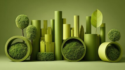 Abstract Still Life with Green Cylinders Spheres and Cubes Composing Geometric Arrangement on Uniform Light Green Background Minimalist Style