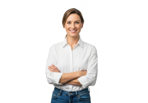 Smiling woman with arms crossed isolated on transparent background