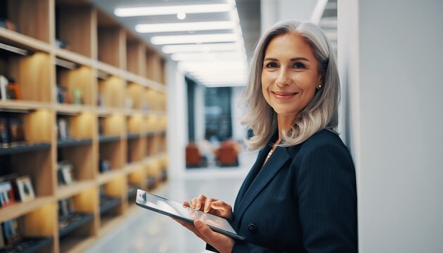 Smiling mature woman engaging with a digital tablet in a modern professional setting
