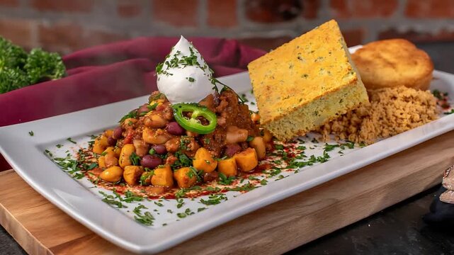 Savory Chili Bowl with Cornbread and Creamy Topping, a Delicious Meal Presentation.