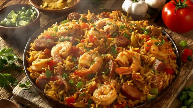 Delicious Shrimp and Sausage Jambalaya Platter Steaming Hot on Wooden Table.