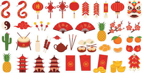 Chinese New Year icon set—red snakes, lanterns, lion mask, food, coins, and cultural symbols for festive celebration visuals