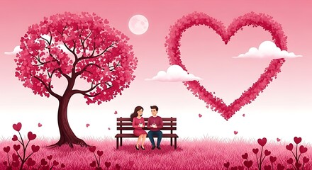 A couple sits on a bench under a tree with pink leaves, with a heartshaped tree and a moon in the background in a romantic scene