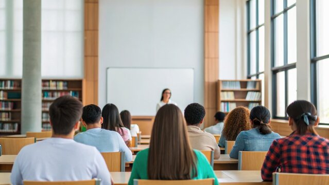 A classroom scene with students seated, focusing on a teacher at the front, emphasizing learning and engagement in an academic environment.