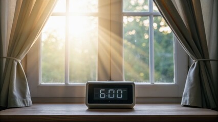 A digital alarm clock displays 6:00 AM on a wooden windowsill, illuminated by soft sunlight streaming through curtains.