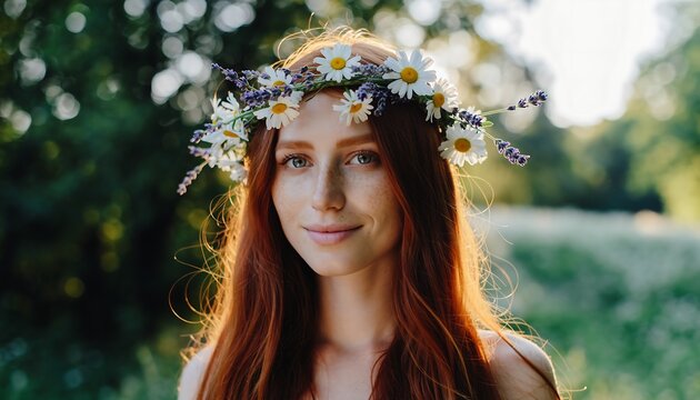 Radiant young woman with red hair and freckles wearing a daisy and lavender flower crown, embodying natural beauty in a sunlit field.