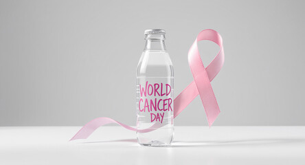 A bottle of water with the words world cancer day written on it, next to a pink ribbon on a white table against a white background, symbolizing hope and awareness isolated on white background