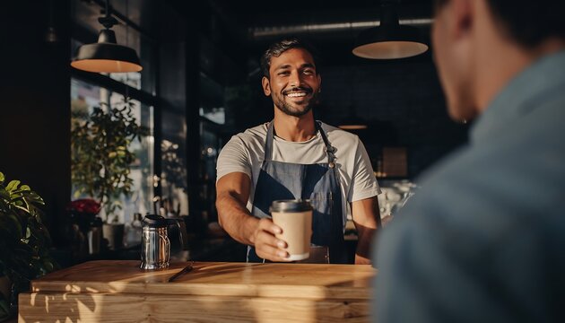 Smiling barista hands a takeaway coffee to a customer in a warm and inviting modern cafe. - Powered by Adobe